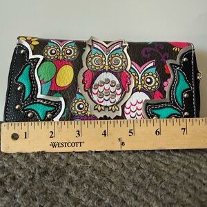 NWT Cowgirl Trendy Owl Print Wallet Clutch Western Boho Black Multicolor